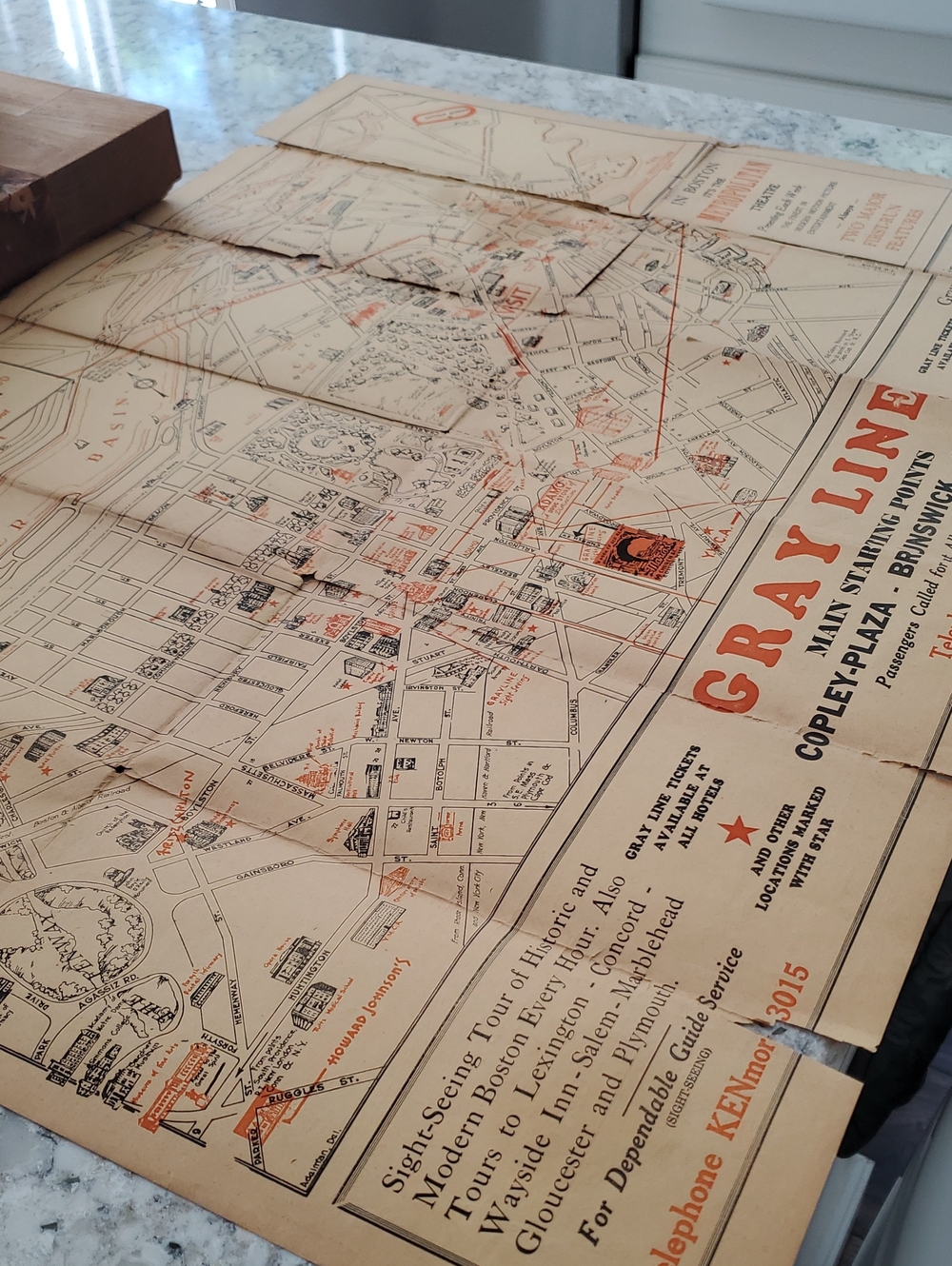 Vintage 1938 Brochure Boston Map Poster With Advertisements Gray Line Ephemera